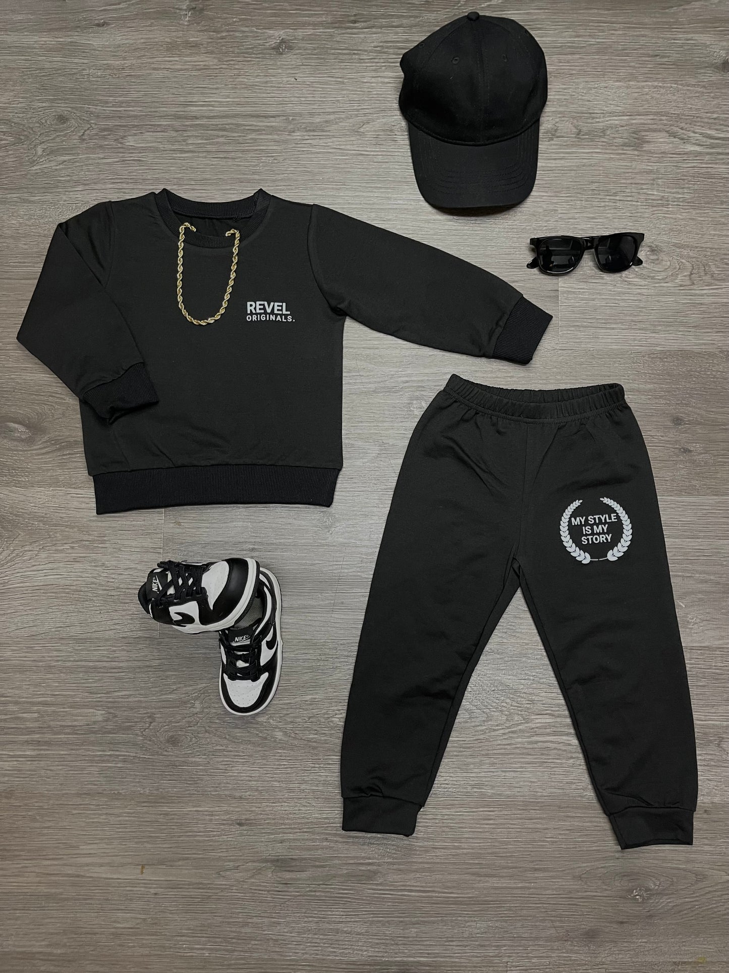 "REVEL ORIGINALS AFFIRMATION COLLECTION"  Boys Black Crew Neck Sweat Suit