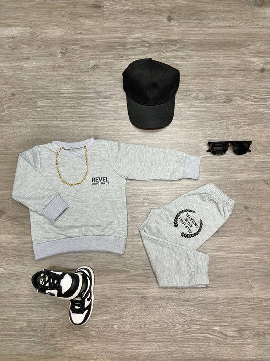 "REVEL ORIGINALS AFFIRMATION COLLECTION"  Boys Gray Crew Neck Sweat suit