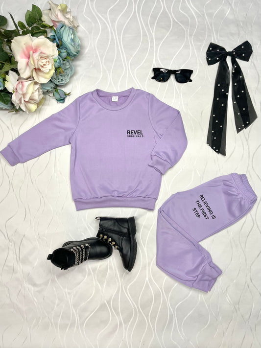 "REVEL ORIGINALS AFFIRMATION" Girls Lavender Crew neck Sweat Suit