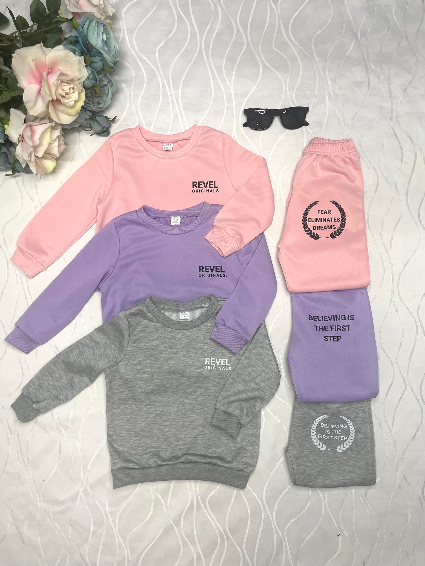 "REVEL ORIGINALS AFFIRMATION COLLECTION" Girls Pink Crew Neck Sweat Suit